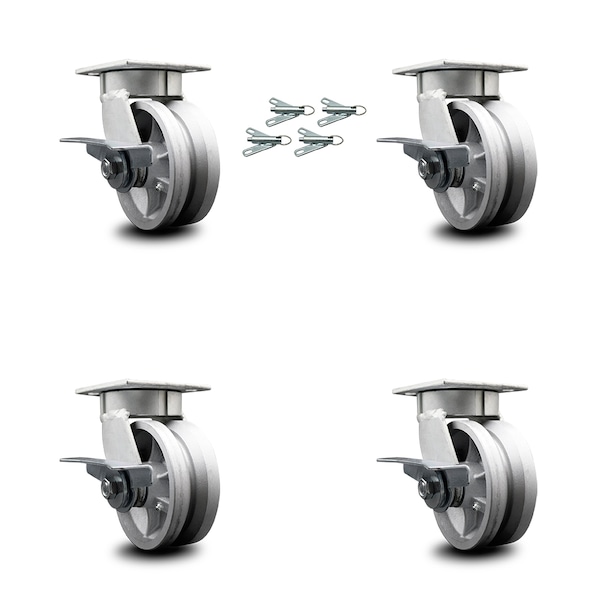 Service Caster 5 Inch Kingpinless V Groove Semi Steel Wheel Caster Set with Brake & Swivel Lock SCC-KP30S520-VGR-SLB-BSL-4 - main
